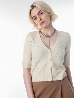 ONLY - Womens Embellished Regular Fit Beige Cardigan