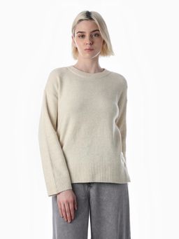 ONLY - Womens Solid Relaxed Fit Off White Sweater