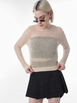 ONLY - Womens Self Design Regular Fit Beige Top