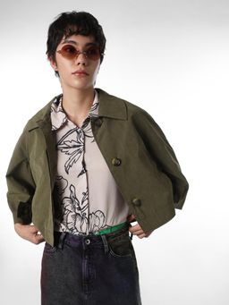 ONLY - Womens Solid Loose Fit Green Cropped Jacket
