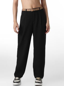 ONLY - Womens Solid Relaxed Fit Mid-Rise Black Pants with Belt