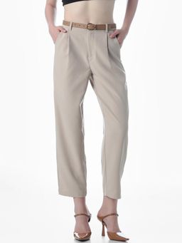 ONLY - Womens Solid Regular Fit High-Rise Beige Pants with Belt