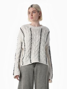 ONLY - Womens Self Design Relaxed Fit White Sweater