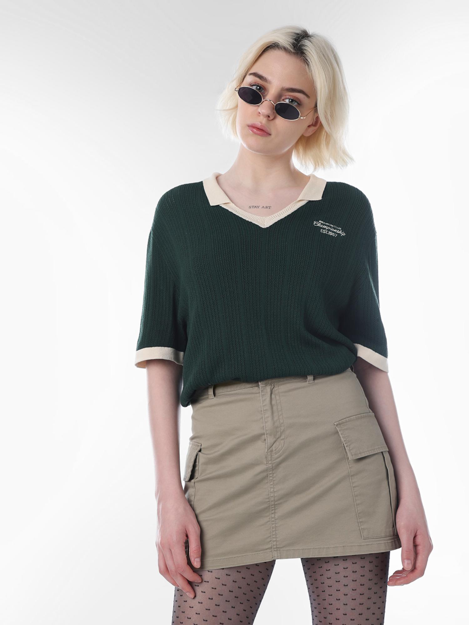 only Womens Self Design Relaxed Fit Green Sweater-picture-11