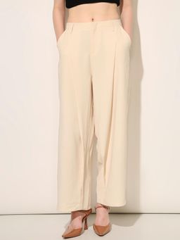 ONLY - Womens Solid Regular Fit High-Rise Beige Trouser