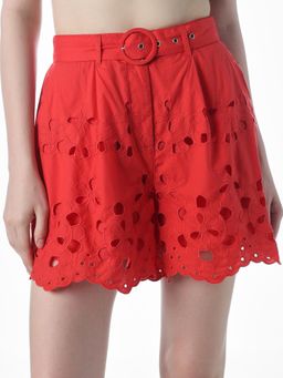 ONLY - Womens Self Design Regular Fit High-Rise Red Shorts