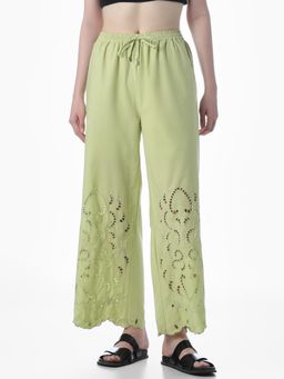 ONLY - Womens Self Design Wide Leg High-Rise Green Pants