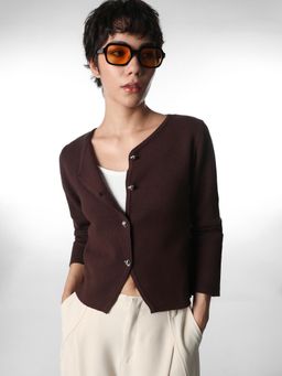 ONLY - Womens Solid Regular Fit Dark Brown Cardigan