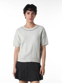 ONLY - Womens Embellished Regular Fit Grey Sweater