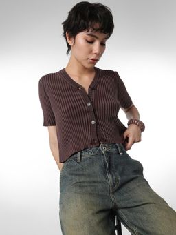 ONLY - Womens Self Design Regular Fit Brown Top