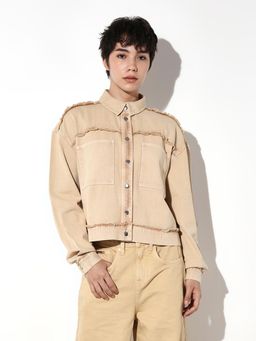 ONLY - Womens Self Design Loose Fit Beige Jacket