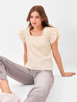Zumee - Yellow & White Textured Straight Fit Top with Ruffled Puff Sleeves and Square Neckline