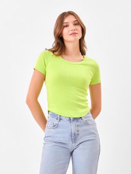 Zumee - Green Knitted Cotton Ribbed Slim Fit T-Shirt with Short Sleeves and Crew Neck