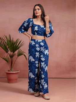 Kasya - Indigo Cotton Floral Printed Crop Top Co-Ord (Set of 2)
