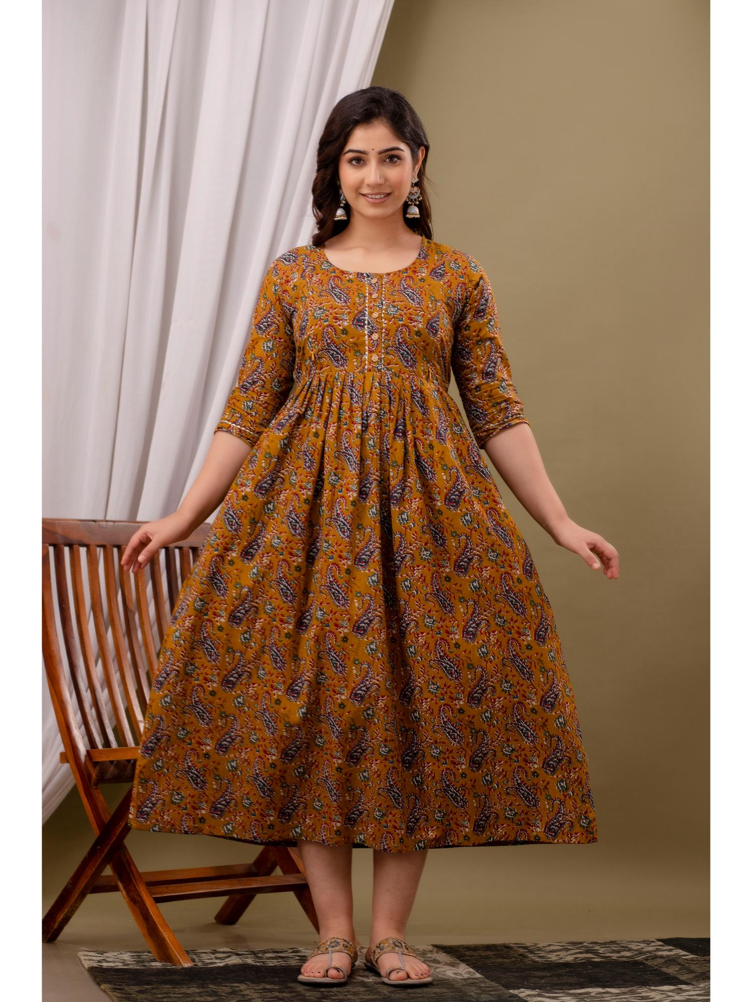 urbanrang Mustard Autumn Floral Flared Maternity Maxi-picture-32