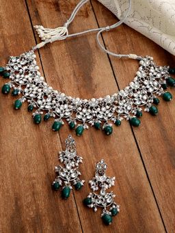 Karatcart - Oxidised Silver Green Tumble Kundan Choker Necklace Set (Set of 2)