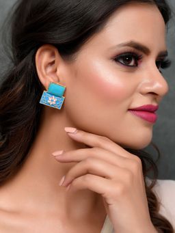 Silvermerc Designs - Gold Plated Blue Stone Studded Meenakari Floral Earrings