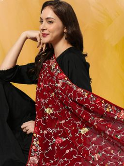 Dupatta Bazaar - Women's Parsi Gara Thread Work Embroidered Georgette Maroon & Multicolour Dupatta