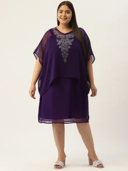 theRebelinme - Plus Size Women Purple Solid Layered Embellished Party Wear Dress (Set of 2)