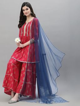 Stylum - Womens Pink Printed Rayon A-Line Kurta Sharara Dupatta (Set of 3)