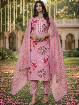 Gahan - Womens Floral Printed Rayon Kurta And Pant with Cotton Dupatta - Pink