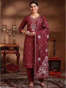 Gahan - Womens Embroidered Kurta With Pant And Dupatta - Maroon