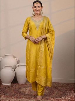 Gahan - Womens Roman Glass Hand Work Embroidery Kurta And Pant With Dupatta - Yellow