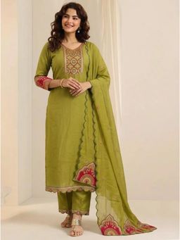 Gahan - Womens Chanderi Embroidered Kurta With Pant And Dupatta - Green