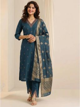 Gahan - Womens Small Embroidered Butti Kurta And Zari Work Dupattaand Pant - Teal