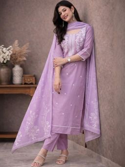 Gahan - Womens Embroidered Kurta With Pant And Dupatta - Lavender