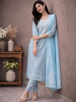 Gahan - Womens Embroidered Kurta With Pant And Dupatta - Blue