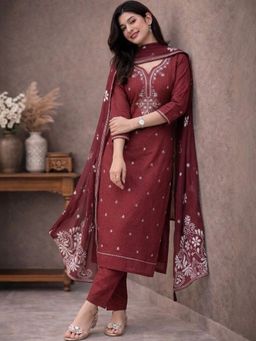 Gahan - Womens Embroidered Kurta With Pant And Dupatta - Maroon