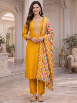 Gahan - Womens Small Butty Embroidered Kurta And Pant With Dupatta - Yellow