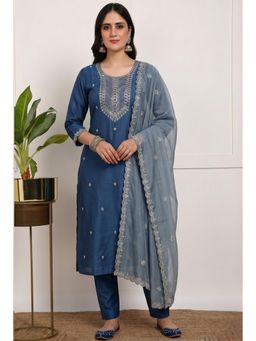 Gahan - Womens Silver Embroidered Work Kurta And Pant With Dupatta - Blue
