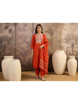 Gahan - Womens Embroidered Kurta With Pant And Dupatta - Orange