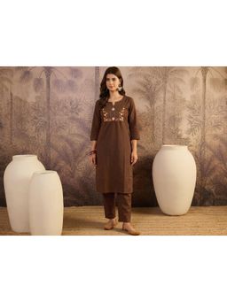 Gahan - Womens Embroidered Kurta With Pant - Brown