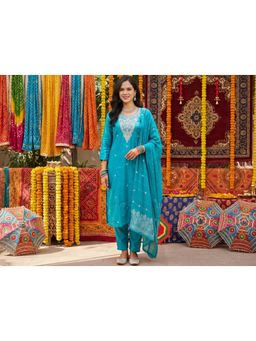 Gahan - Womens Embroidered Kurta With Pant And Dupatta - Teal