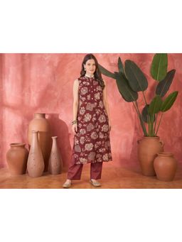 Gahan - Womens Floral Printed Vatican Kurta And Pant With Pocket - Maroon