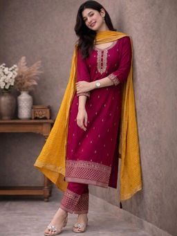 Gahan - Womens Embroidered Kurta With Pant And Dupatta - Maroon