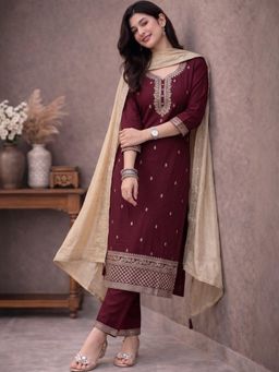 Gahan - Womens Embroidered Kurta With Pant And Dupatta - Wine