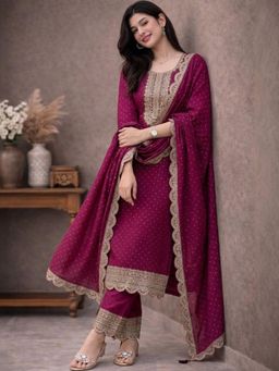 Gahan - Womens Embroidered Kurta With Pant And Dupatta - Purple