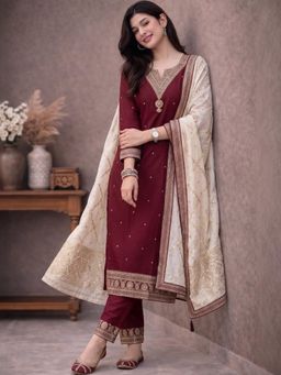 Gahan - Womens Embroidered Kurta With Pant And Dupatta - Maroon