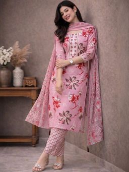 Gahan - Womens Floral Printed Rayon Kurta And Pant with Dupatta - Pink