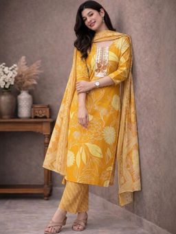 Gahan - Womens Yellow Floral Printed Rayon Kurta And Pant With Cotton Dupatta - Yellow