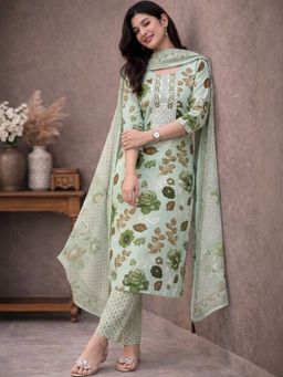 Gahan - Womens Floral Printed Rayon Kurta And Pant with Cotton Dupatta - Green