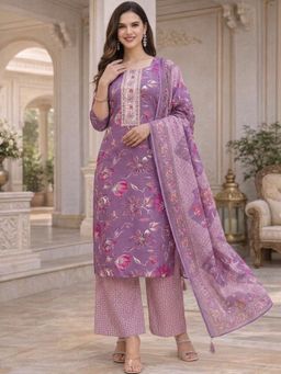 Gahan - Womens Floral Printed Rayon Kurta And Pant with Cotton Dupatta - Purple