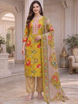 Gahan - Womens Floral Printed Rayon Kurta And Pant with Cotton Dupatta - Yellow