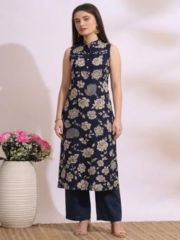 Gahan - Womens Floral Printed Vatican Kurta And Pant - Blue