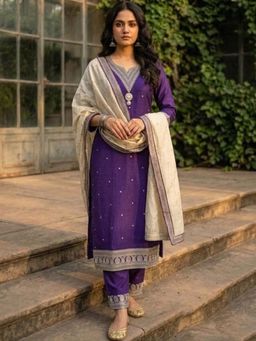 Gahan - Womens Embroidered Kurta With Pant And Dupatta - Purple