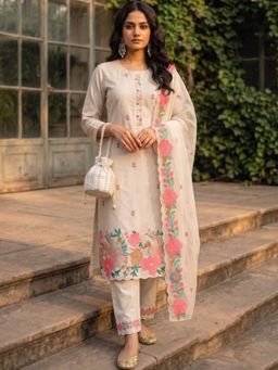 Gahan - Roman Silk With Heavy Embroidery Work Kurta And Pant With Dupatta - White